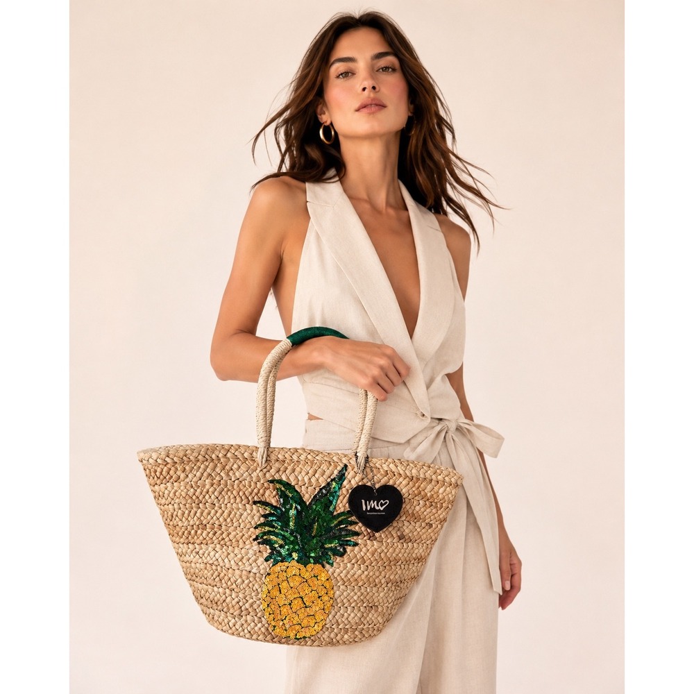 NWT Imoshion Sequin Pineapple Straw Basket Tote Beach Bag Resort Coastal Boho